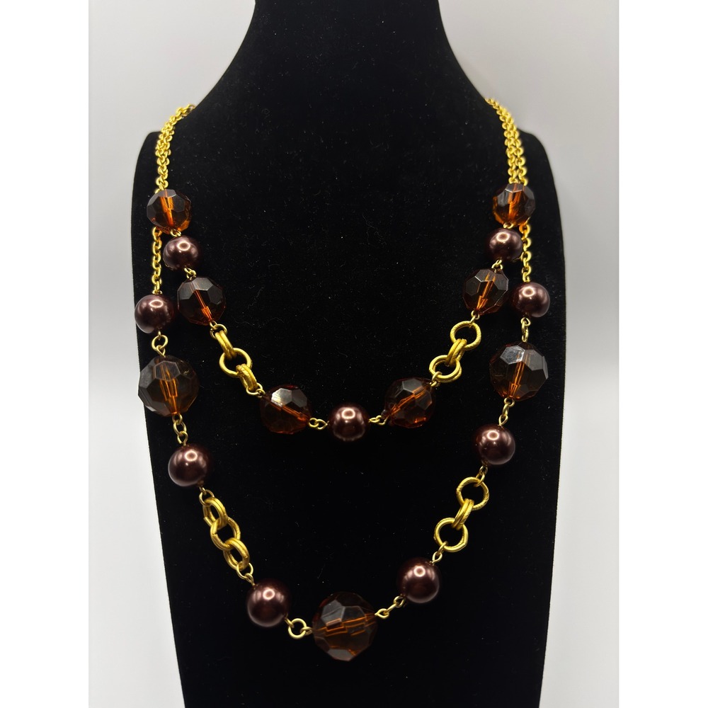 Sonoma‎ Necklace Womens 20" Brown Double Strand Faux Pearl Amber Bead Gold Tone